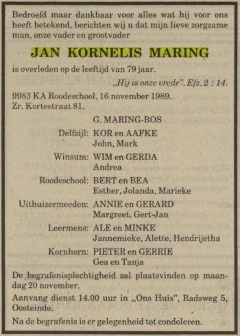 overlijdensadvertentie jan kornelis maring on 16 Nov 1989.